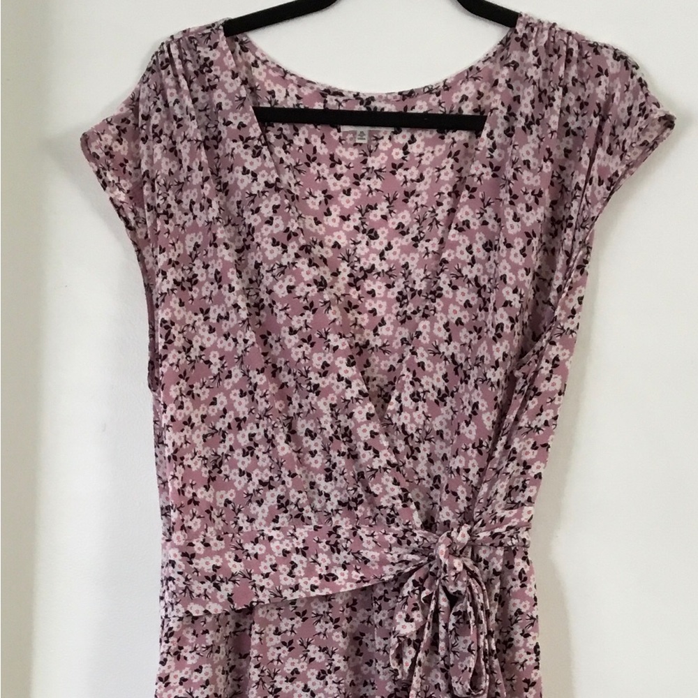 Pink floral wrap dress.
